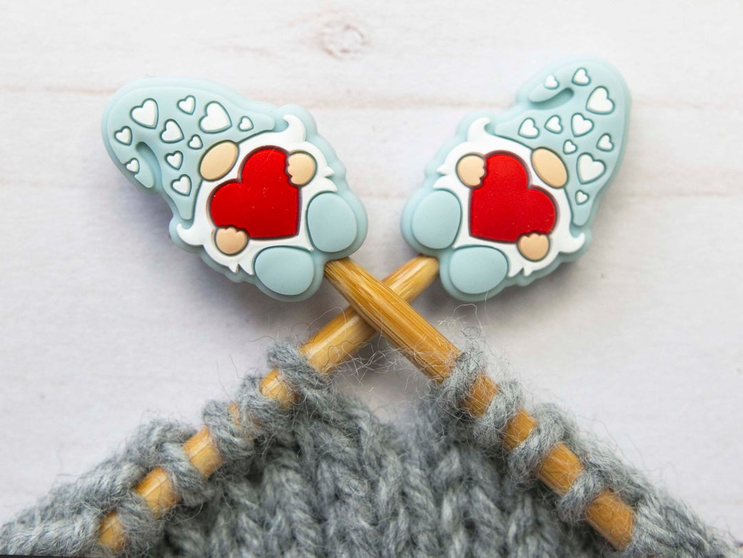 Stitch stoppers - Fox & Pine - set of 2 knitting needle stoppers - Blue gnomes with hearts