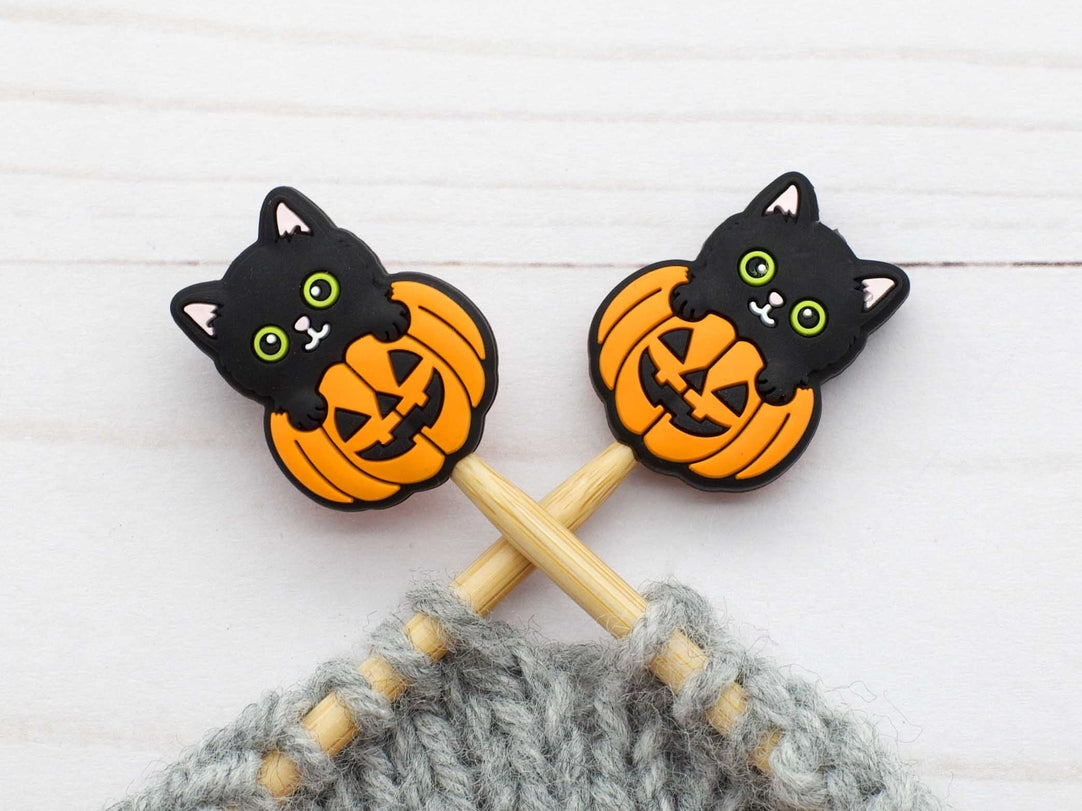 Stitch stoppers - Fox & Pine - set of 2 knitting needle stoppers - Cats in pumpkins