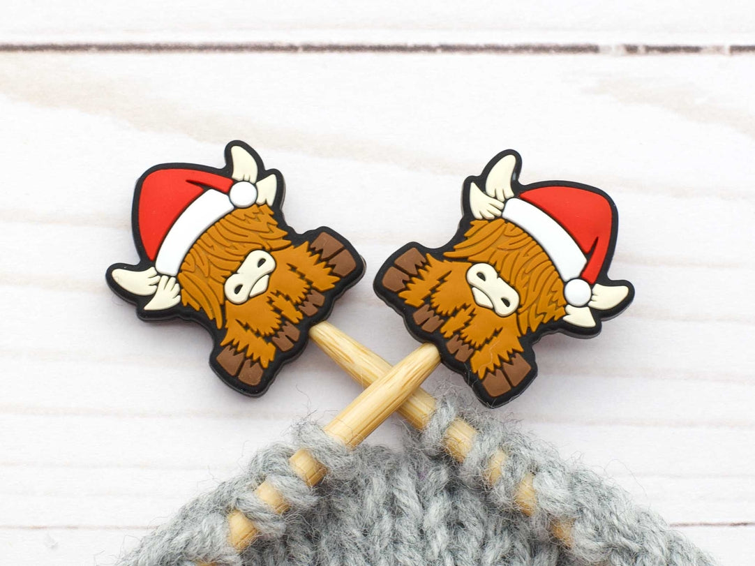 Stitch stoppers - Fox & Pine - set of 2 knitting needle stoppers - Holiday Highland Cow