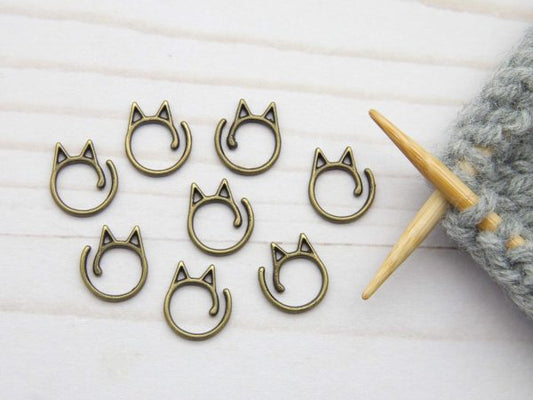 Set of 8 Fox & Pine stitch markers for knitting and crochet - Antique Gold Cat - Open/Split Ring