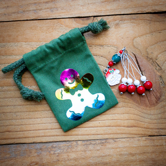 Set of 5 Christmas stitch markers with a pouch