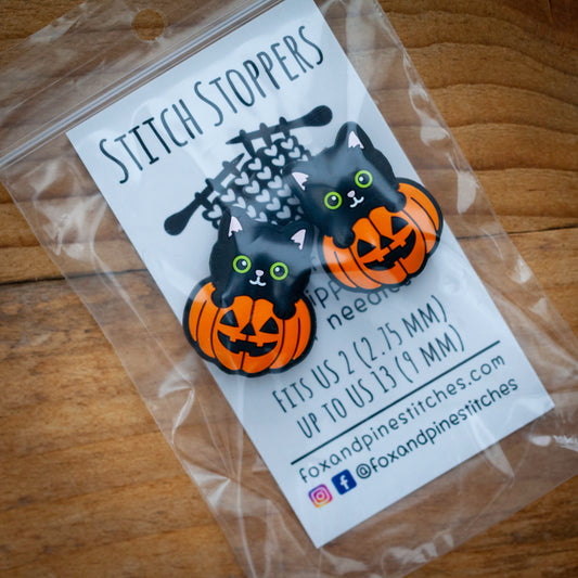 Stitch stoppers - Fox & Pine - set of 2 knitting needle stoppers - Cats in pumpkins