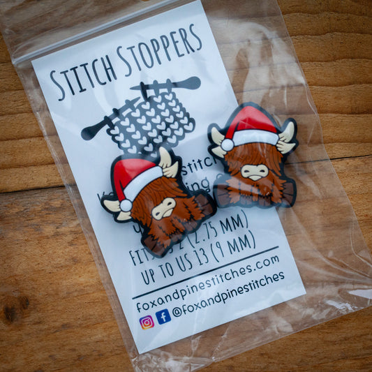 Stitch stoppers - Fox & Pine - set of 2 knitting needle stoppers - Holiday Highland Cow